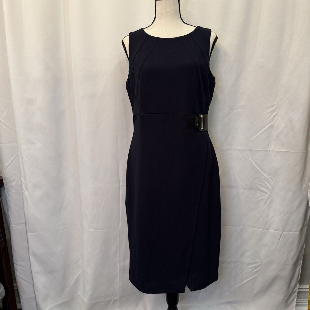 Navy Blue Sleeveless Sheath Dress with Buckle Waist Detail and Wrap Skirt